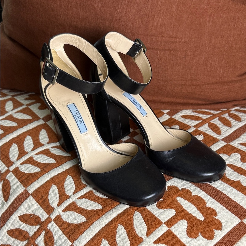 Prada Black Leather Ankle-Strap Block Heels